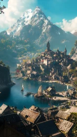 Medieval castle settlement positioned at lake basin beneath snow-capped mountain peak.