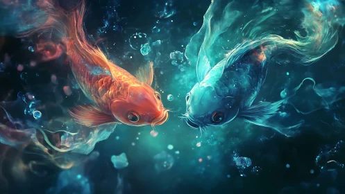 Dual koi glow in luminous underwater cosmic currents.