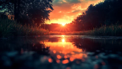 Low-angle sunset reflection over shallow forest stream