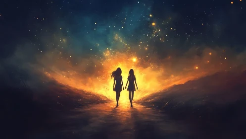 Two silhouetted girls walk into a glowing cosmic horizon.