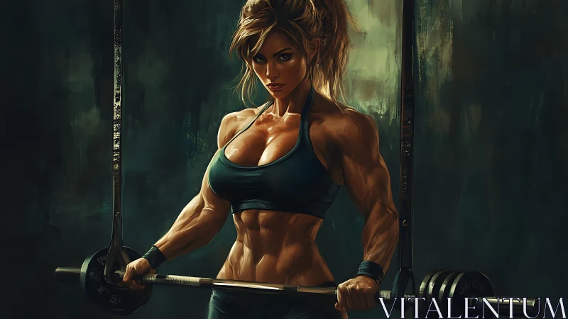 Muscular woman lifting weights in dramatic digital painting style.