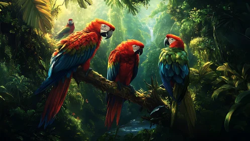 Vibrant scarlet macaws share quiet conversation in lush jungle