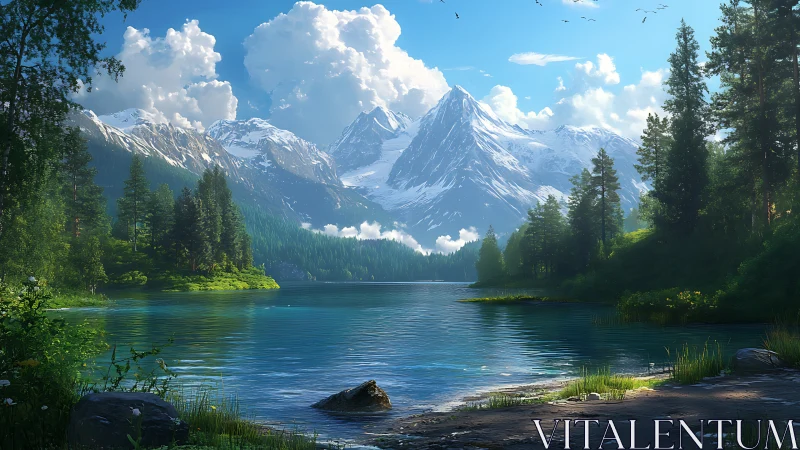 High-altitude alpine lake with conifer forest and snowy peaks