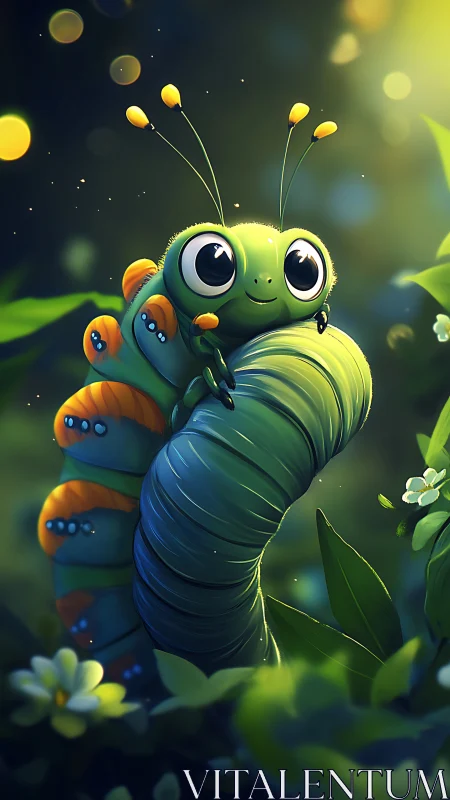 Bioluminescent forest caterpillar with exaggerated ocular geometry.