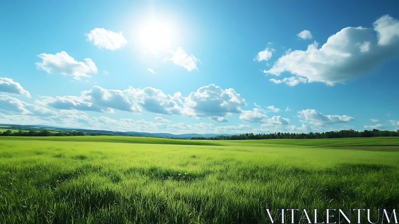 Sunlit green meadow stretches peacefully beneath soft clouds