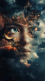 Surreal cybernetic face emerges from burning city clouds.