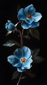 Blue Floral Study: Delicate Blooms Against Dramatic Darkness