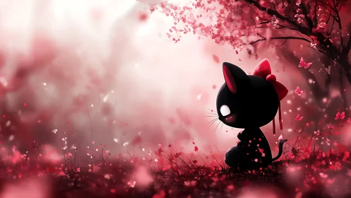 Black cat silhouette under pink blossoms with butterflies.