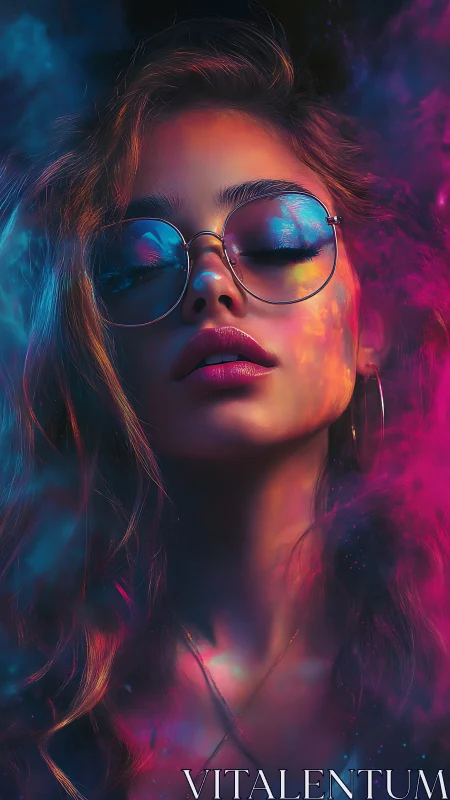 Neon dreamer with cosmic glasses adrift in color haze.