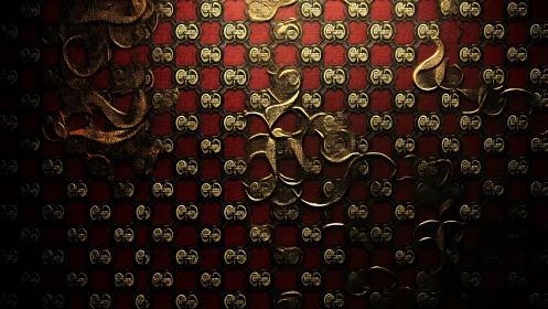 Metallic gold swirls overlay repeating red and gold pattern