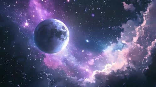 Moonlit nebula drifting through a soft, starry night sky.