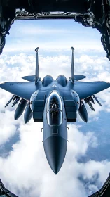 Stealth gray fighter jet framed midair beneath cargo ramp.