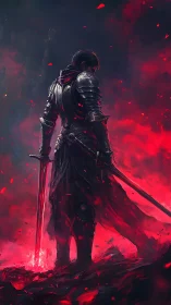 Armored warrior stands in red firelit haze holding swords