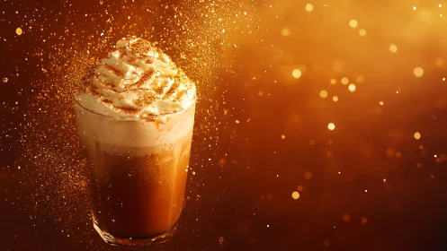 Iced coffee with whipped cream in warm golden light.