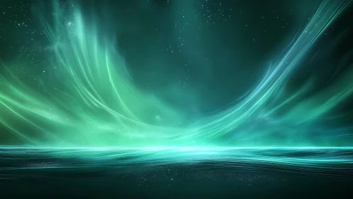 Emerald aurora sweeps over luminous abstract ocean horizon