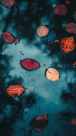 Autumn leaves drift on teal-toned water in shallow focus