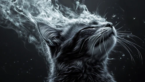 High contrast monochrome cat portrait with vaporous headscape