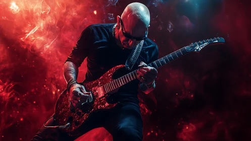 Bald rock guitarist shreds electric solo in fiery red smoke.