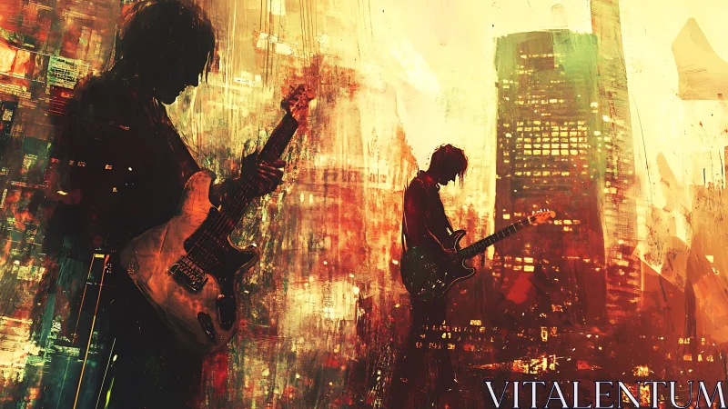 Electric guitarists pour city night energy into bold color