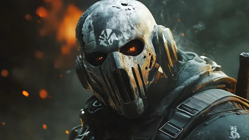 Ash-scarred war mask studies the firestorm with ember eyes