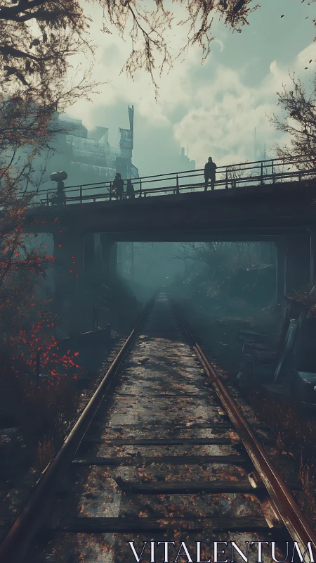 Deserted rail bridge cuts through misty postwar ruins.