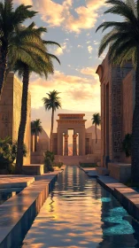 Sunlit canal through palm-lined avenue of Egyptian temples