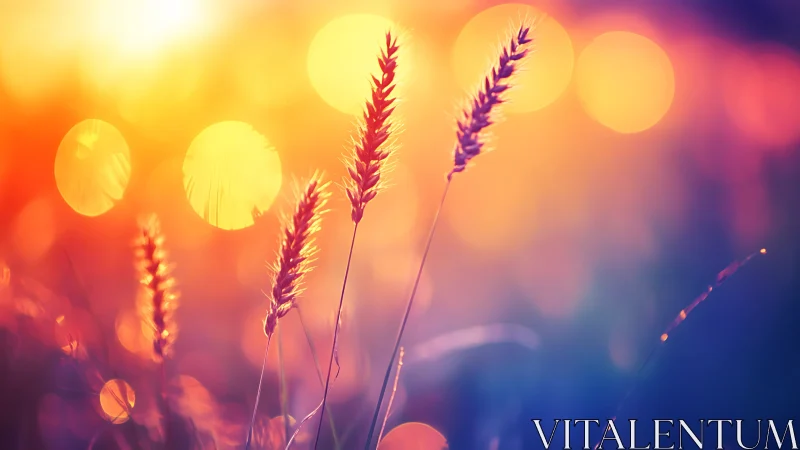 Sunlit wheat stalks against colorful blurred bokeh field.