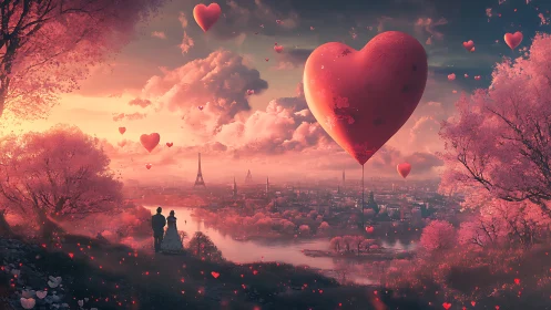 Ethereal Romantic Landscape with Floating Hearts Above Parisian Cityscape.
