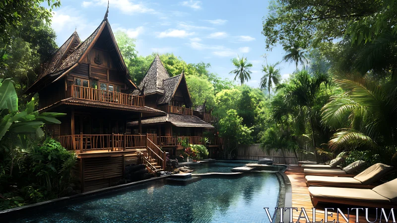 Tropical wooden villas surround a serene jungle pool retreat.