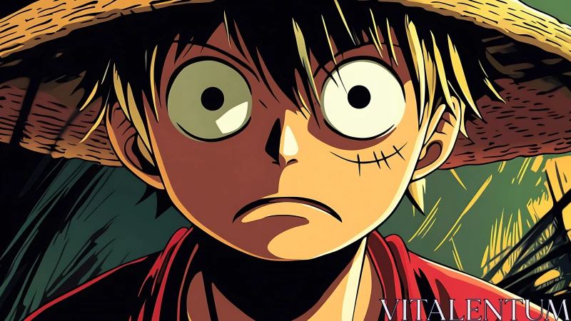 Close-up anime portrait of straw hat boy with shocked gaze