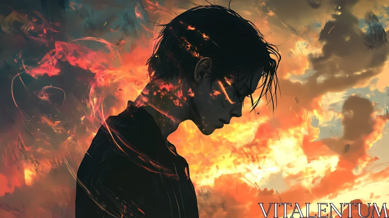 Silhouetted figure against diffuse fiery sky at dusk.