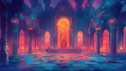 Luminous fantasy throne hall burns with ethereal fire