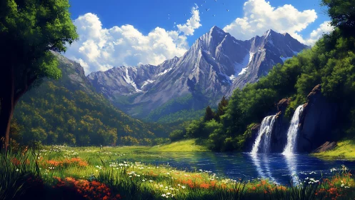 Mountain lake landscape with waterfalls and wildflowers.