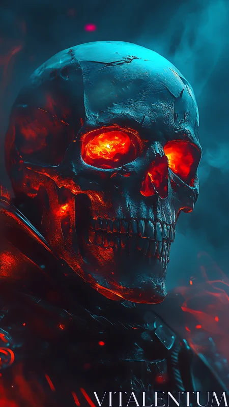 Flaming cybernetic skull burns through neon mist and shadow