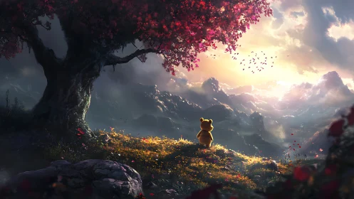 Teddy wanderer under crimson tree facing sunrise valley.