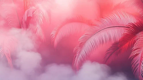 Cotton candy palms drifting through dreamy pink mist.