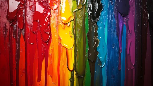 Thick rainbow paint drips in vertical textured streaks.