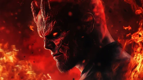 Demonic horned figure in profile surrounded by intense flames.