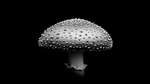 Monochrome fly agaric mushroom isolated on deep black background.