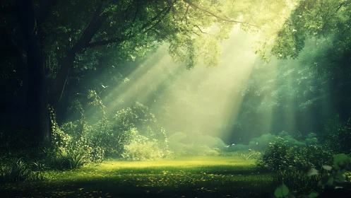 Sunlit Forest Clearing with Lush Greenery in Dreamlike Style.