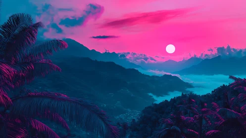 Neon gradient sky illuminates tropical mountain valley at sunset