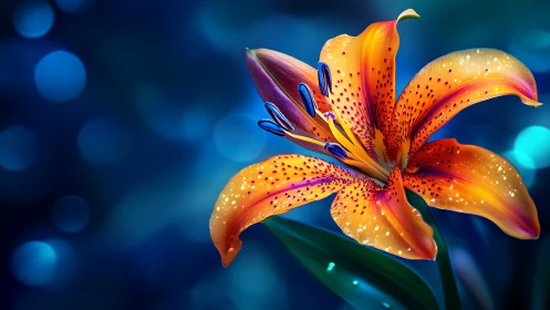 Tiger Lily Blooms Against Deep Blue. Vibrant Orange Petals.