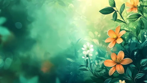 Digital Garden: Orange and White Flowers Against Soft Green Gradient