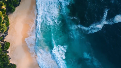 Tropical shoreline from above with crashing teal surf.