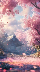 Whispering shrine under a storm of wandering sakura petals.