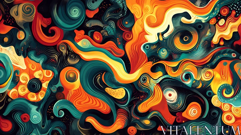 Interwoven swirling forms create layered flowing color structures