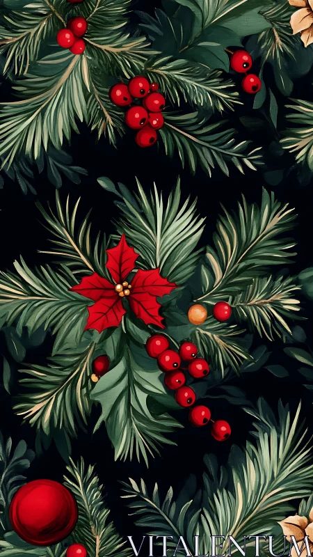 Festive evergreen branches with red berries and poinsettia.