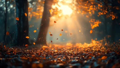 Backlit woodland corridor with suspended autumn leaf dynamics.