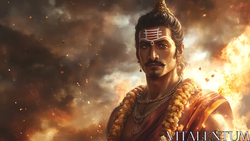 Warrior-priest portrait amid blazing celestial storm.