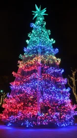 Multicolored LED holiday tree installation at night.